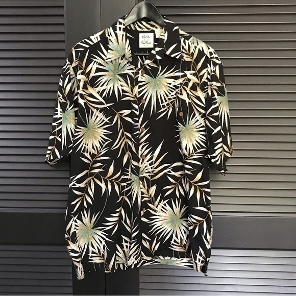 Pau Hana Hawaiian Shirt, Navy with Palm Fronds, Coconut Buttons, Size Medium - Picture 1 of 12